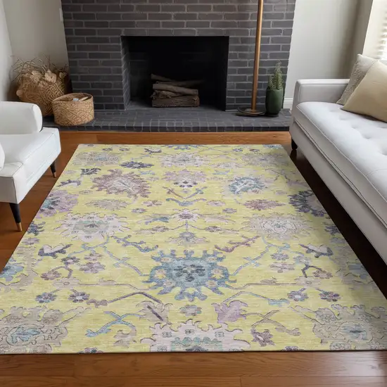 Yellow Lavender And Denim Blue Floral Washable Indoor Outdoor Area Rug Photo 9