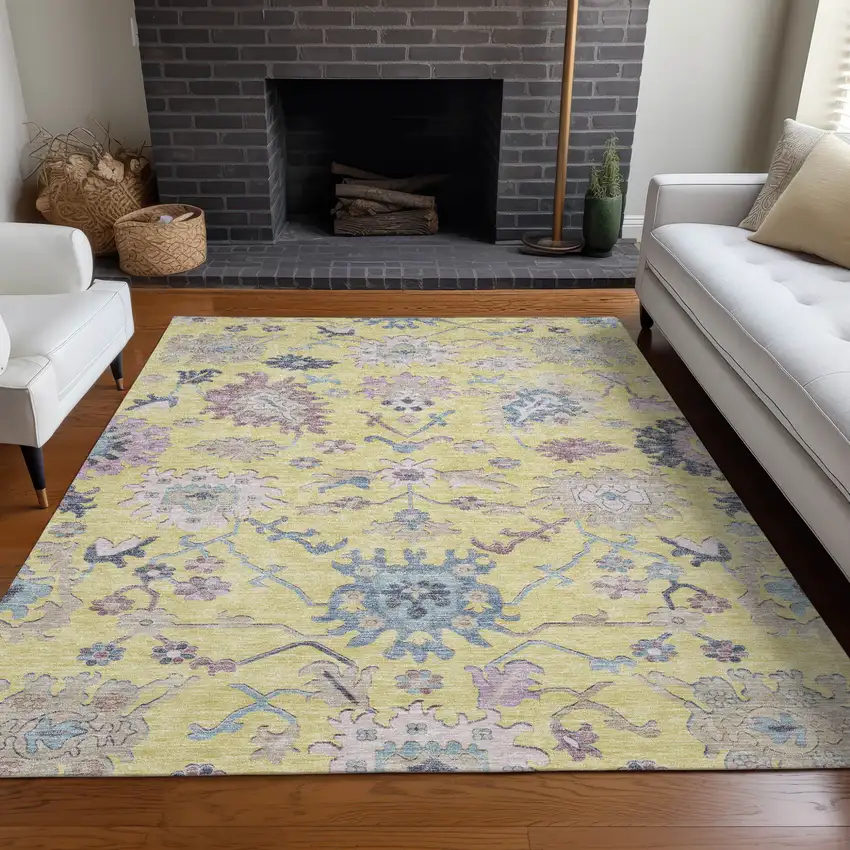 Yellow Lavender And Denim Blue Floral Washable Indoor Outdoor Area Rug Photo 9
