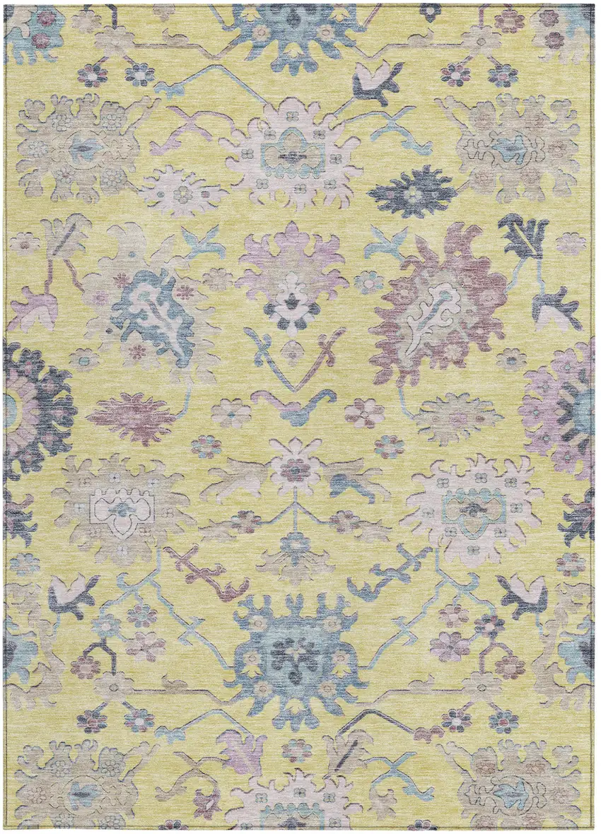 Yellow Lavender And Denim Blue Floral Washable Indoor Outdoor Area Rug Photo 6