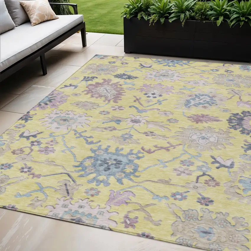 Yellow Lavender And Denim Blue Floral Washable Indoor Outdoor Area Rug Photo 1