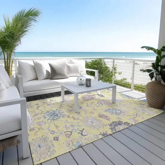 Yellow Lavender And Denim Blue Floral Washable Indoor Outdoor Area Rug Photo 8