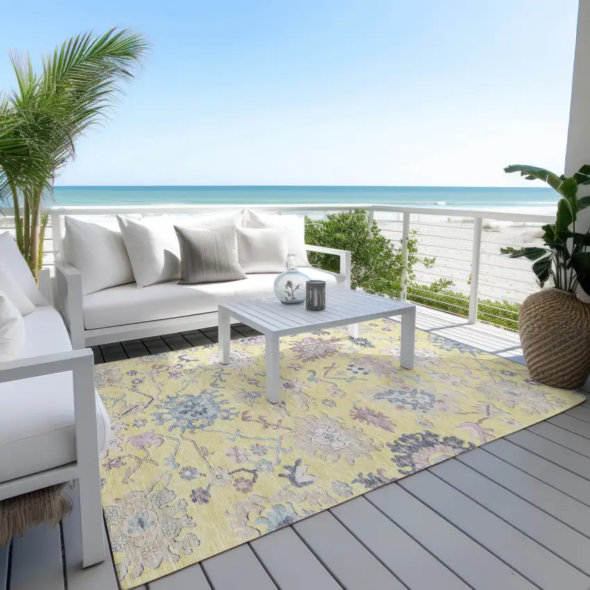 Yellow Lavender And Denim Blue Floral Washable Indoor Outdoor Area Rug Photo 8