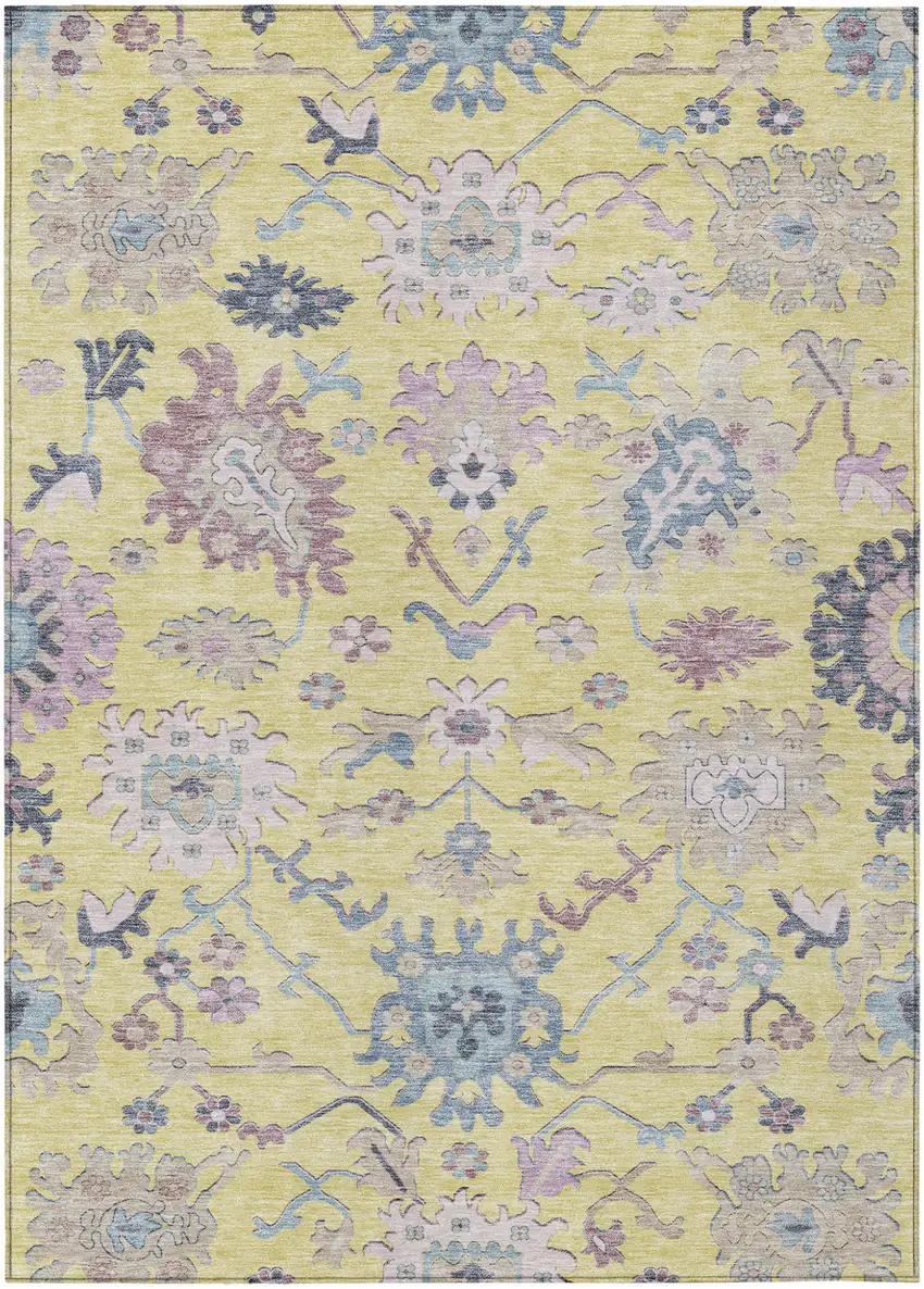 Yellow Lavender And Denim Blue Floral Washable Indoor Outdoor Area Rug Photo 2