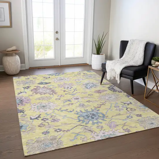 Yellow Lavender And Denim Blue Floral Washable Indoor Outdoor Area Rug Photo 9