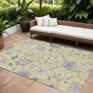 Photo of Yellow Lavender And Denim Blue Floral Washable Indoor Outdoor Area Rug