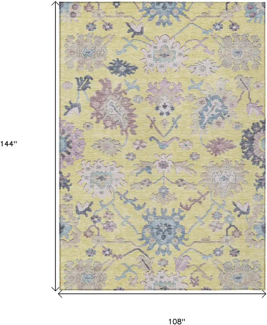 Yellow Lavender And Denim Blue Floral Washable Indoor Outdoor Area Rug Photo 8