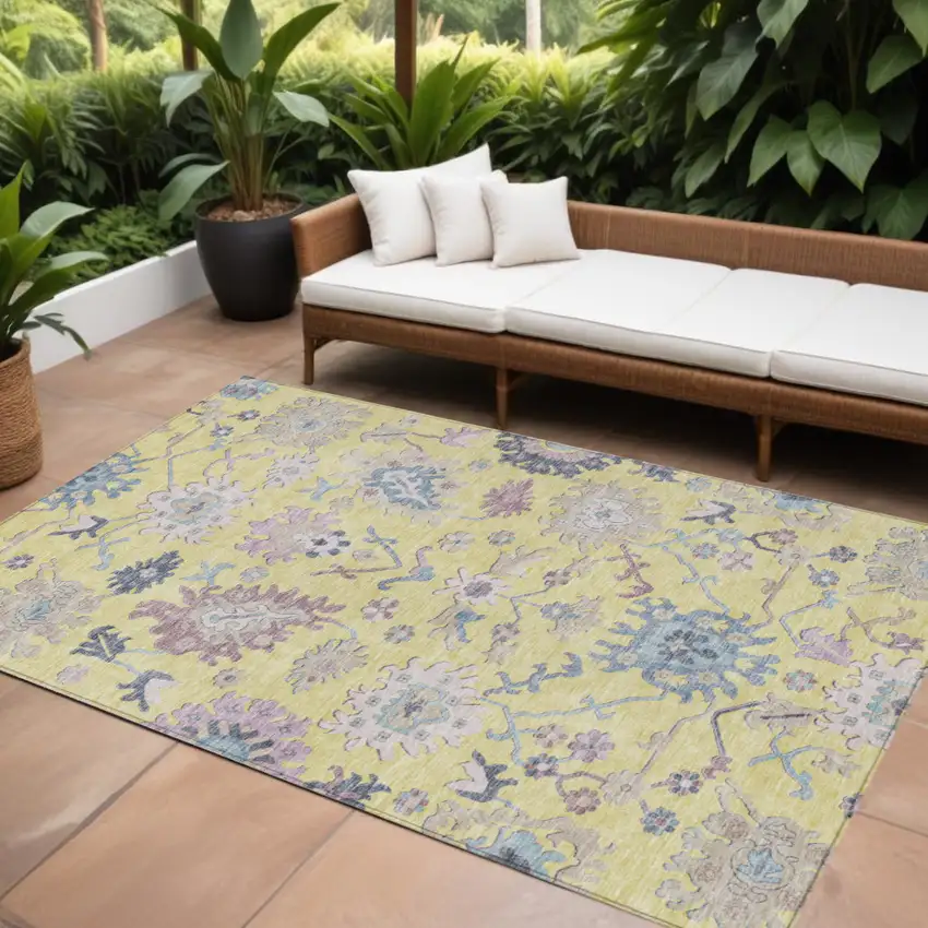 Yellow Lavender And Denim Blue Floral Washable Indoor Outdoor Area Rug Photo 1