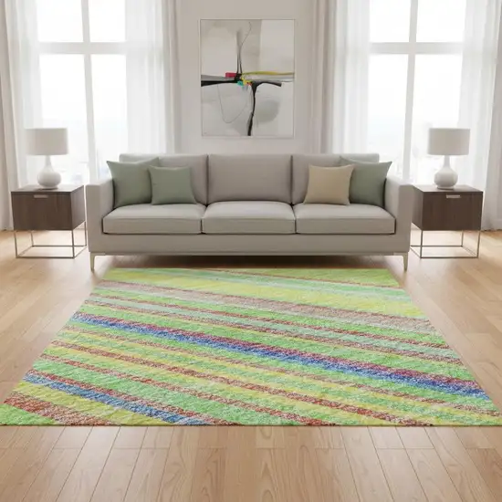 Yellow Lime Green And Purple Striped Washable Area Rug With UV Protection Photo 2