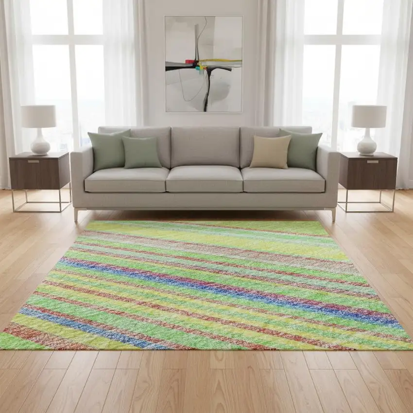 Yellow Lime Green And Purple Striped Washable Area Rug With UV Protection Photo 2