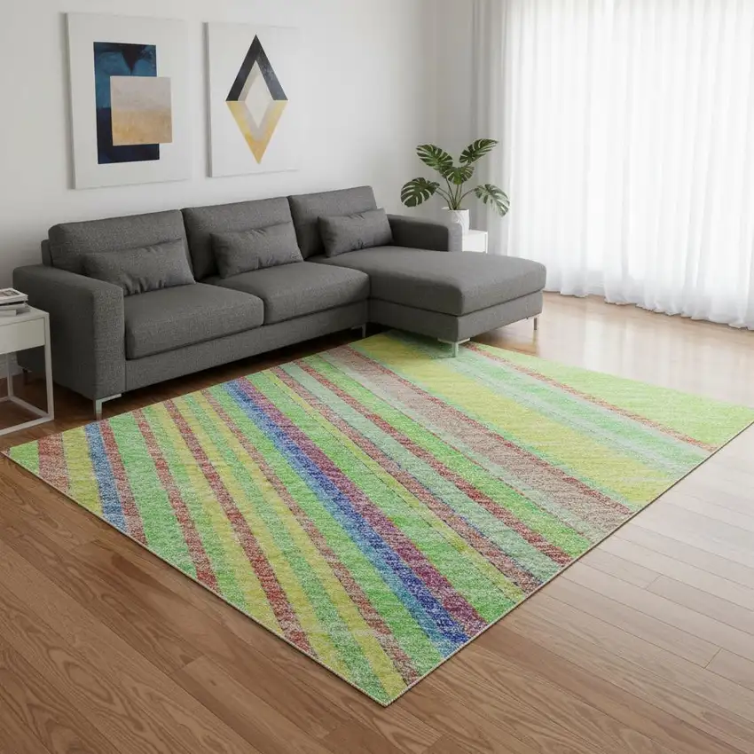 Yellow Lime Green And Purple Striped Washable Area Rug With UV Protection Photo 2