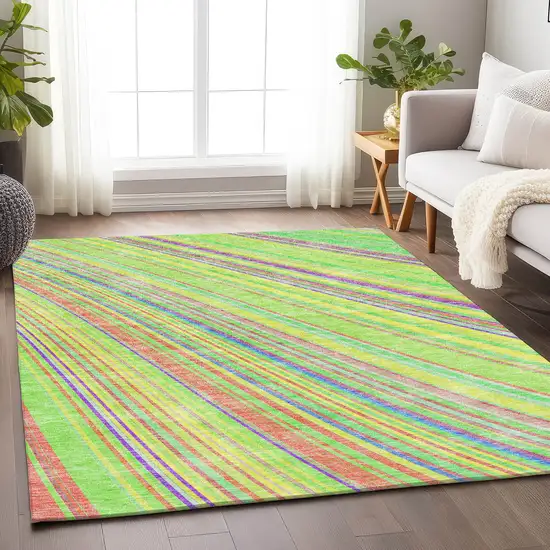 Yellow Lime Green And Purple Striped Washable Area Rug With UV Protection Photo 2