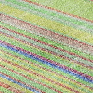 Photo of Yellow Lime Green And Purple Striped Washable Area Rug With UV Protection