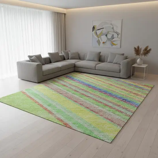 Yellow Lime Green And Purple Striped Washable Area Rug With UV Protection Photo 2