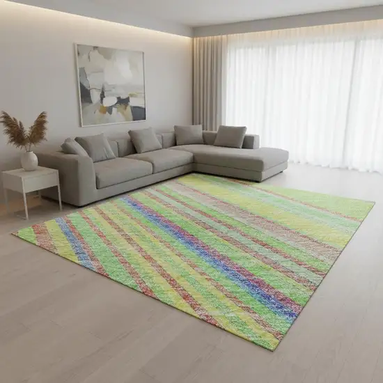 Yellow Lime Green And Purple Striped Washable Area Rug With UV Protection Photo 2