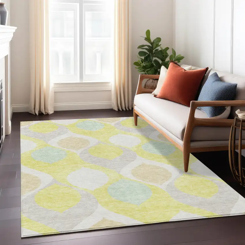 Yellow Mint Green And Beige Ogee Washable Indoor Outdoor Area Rug Photo 8