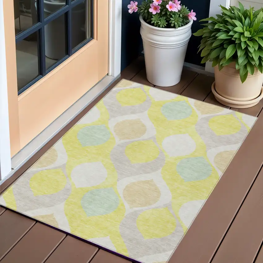 Yellow Mint Green And Beige Ogee Washable Indoor Outdoor Area Rug Photo 1
