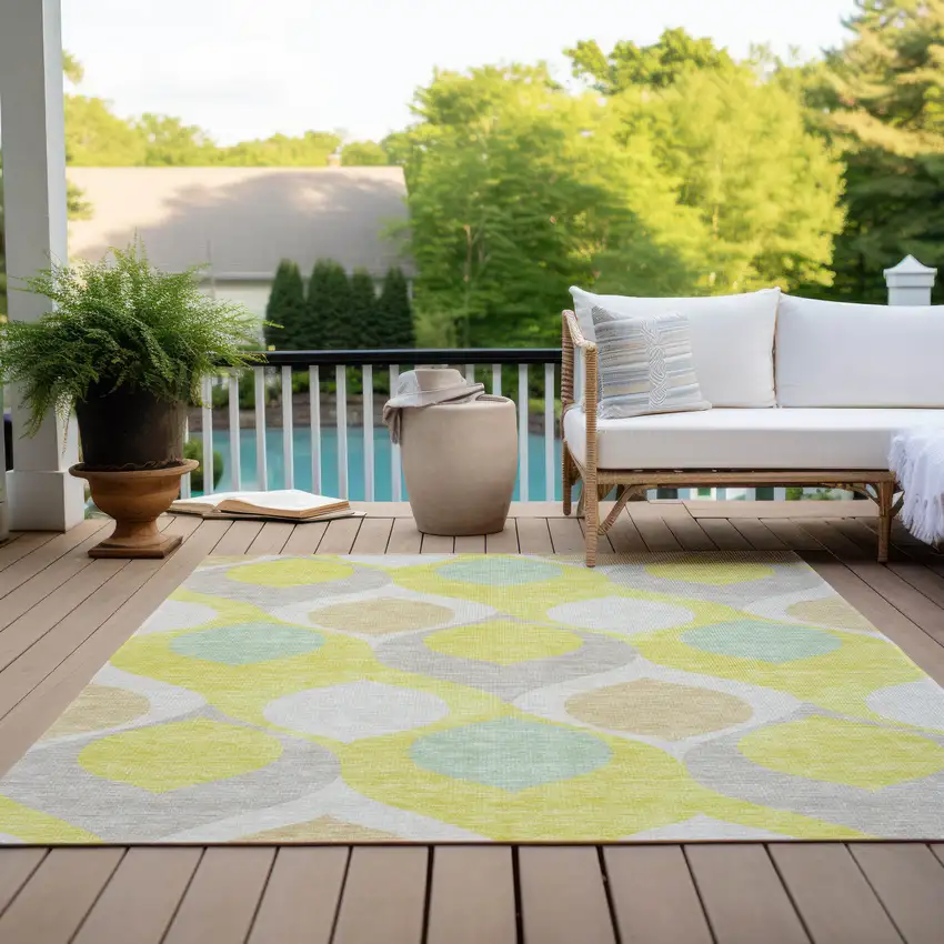 Yellow Mint Green And Beige Ogee Washable Indoor Outdoor Area Rug Photo 9