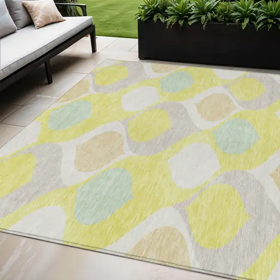 Yellow Mint Green And Beige Ogee Washable Indoor Outdoor Area Rug Photo 1