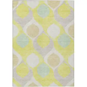 Photo of Yellow Mint Green And Beige Ogee Washable Indoor Outdoor Area Rug