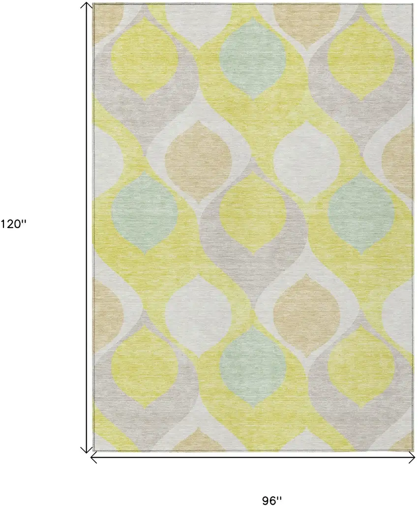 Yellow Mint Green And Beige Ogee Washable Indoor Outdoor Area Rug Photo 7