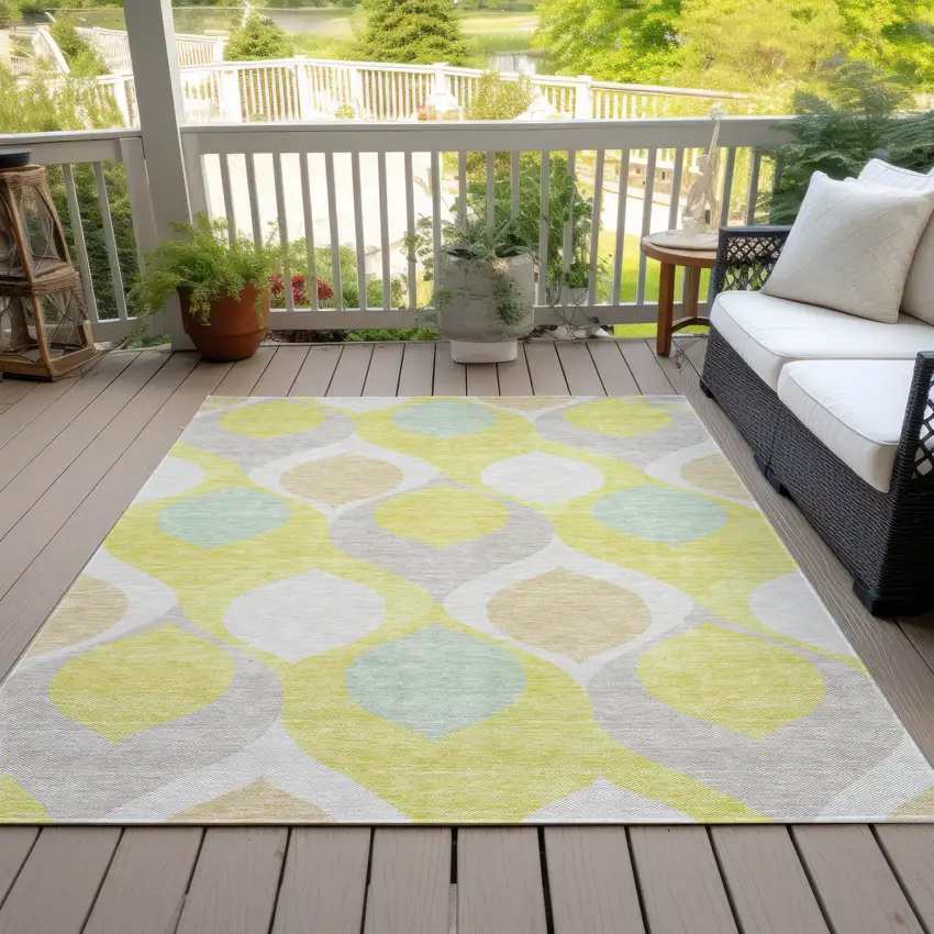 Yellow Mint Green And Beige Ogee Washable Indoor Outdoor Area Rug Photo 6