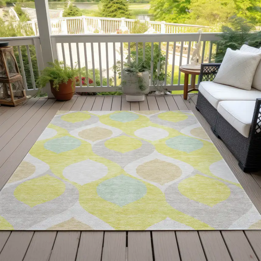 Yellow Mint Green And Beige Ogee Washable Indoor Outdoor Area Rug Photo 6