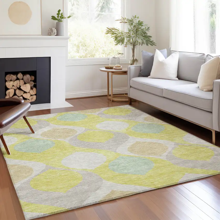 Yellow Mint Green And Beige Ogee Washable Indoor Outdoor Area Rug Photo 7