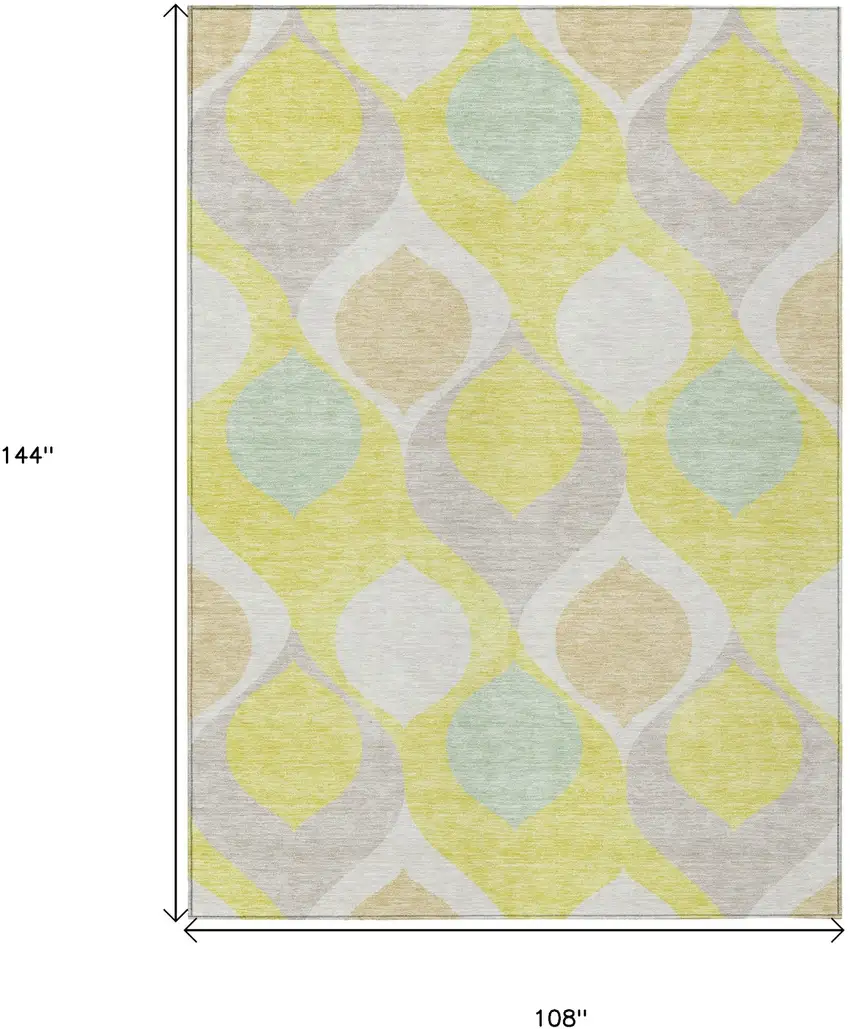Yellow Mint Green And Beige Ogee Washable Indoor Outdoor Area Rug Photo 7