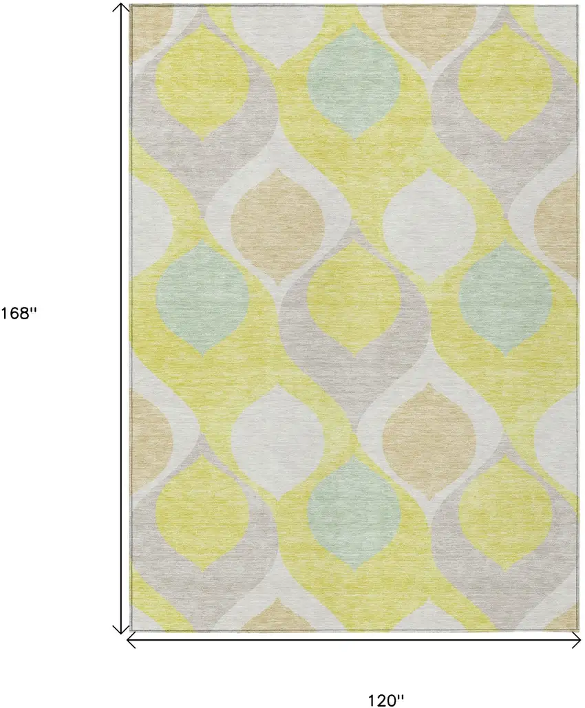 Yellow Mint Green And Beige Ogee Washable Indoor Outdoor Area Rug Photo 7