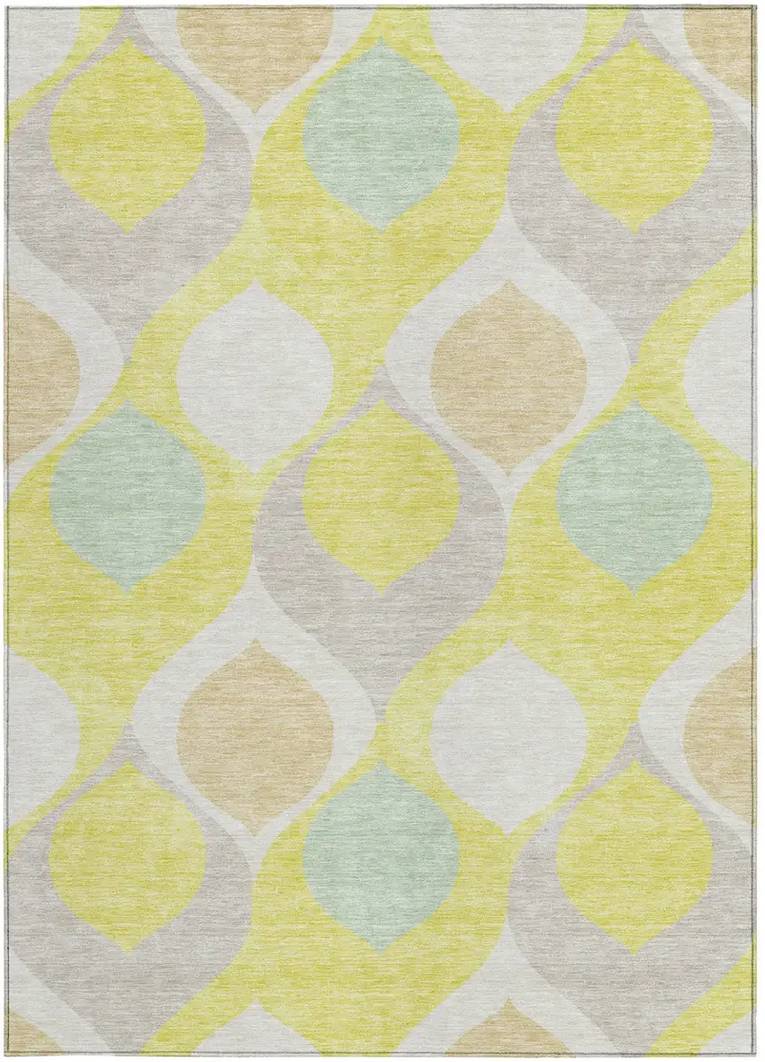 Yellow Mint Green And Beige Ogee Washable Indoor Outdoor Area Rug Photo 5