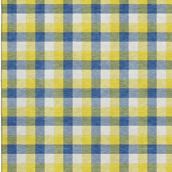 Yellow Navy Blue And Ivory Plaid Washable Area Rug With UV Protection Photo 3