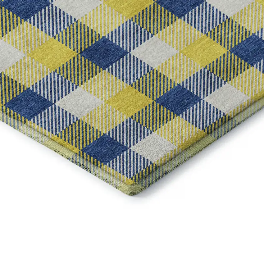 Yellow Navy Blue And Ivory Plaid Washable Area Rug With UV Protection Photo 7