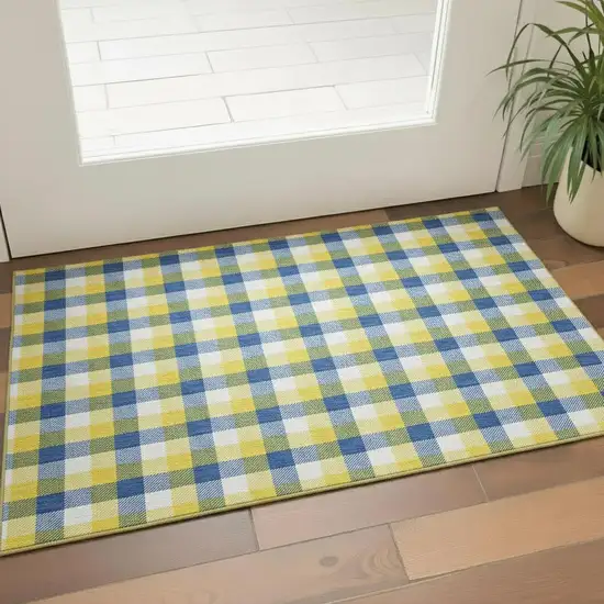 Yellow Navy Blue And Ivory Plaid Washable Area Rug With UV Protection Photo 2