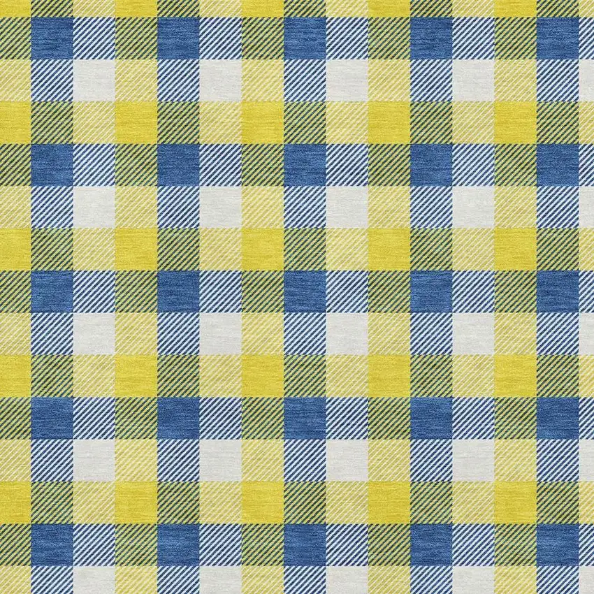Yellow Navy Blue And Ivory Plaid Washable Area Rug With UV Protection Photo 2