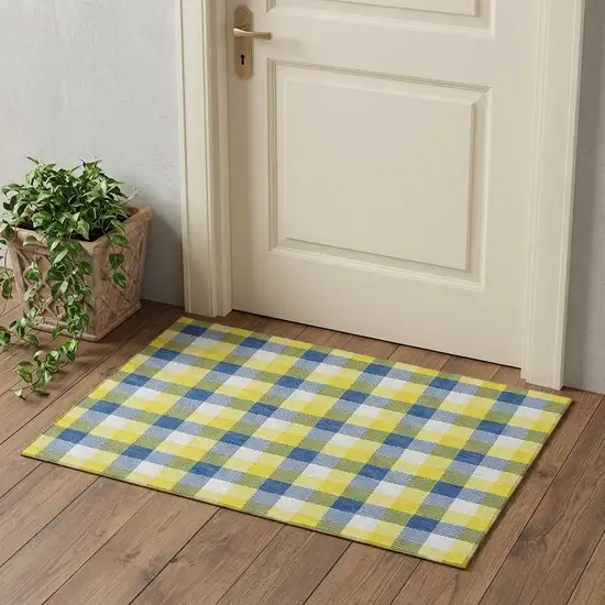 Yellow Navy Blue And Ivory Plaid Washable Area Rug With UV Protection Photo 1