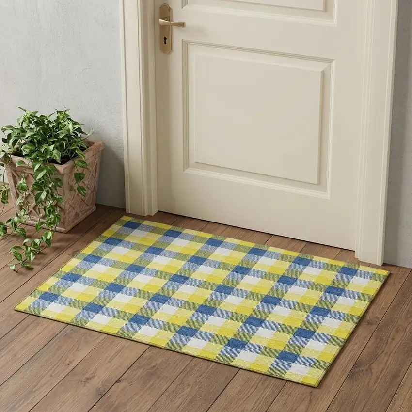 Yellow Navy Blue And Ivory Plaid Washable Area Rug With UV Protection Photo 1