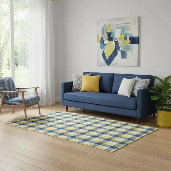Yellow Navy Blue And Ivory Plaid Washable Area Rug With UV Protection Photo 2