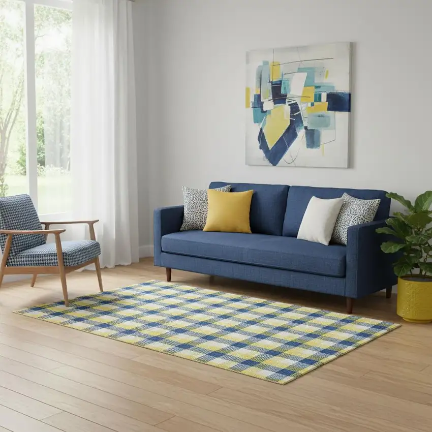 Yellow Navy Blue And Ivory Plaid Washable Area Rug With UV Protection Photo 2