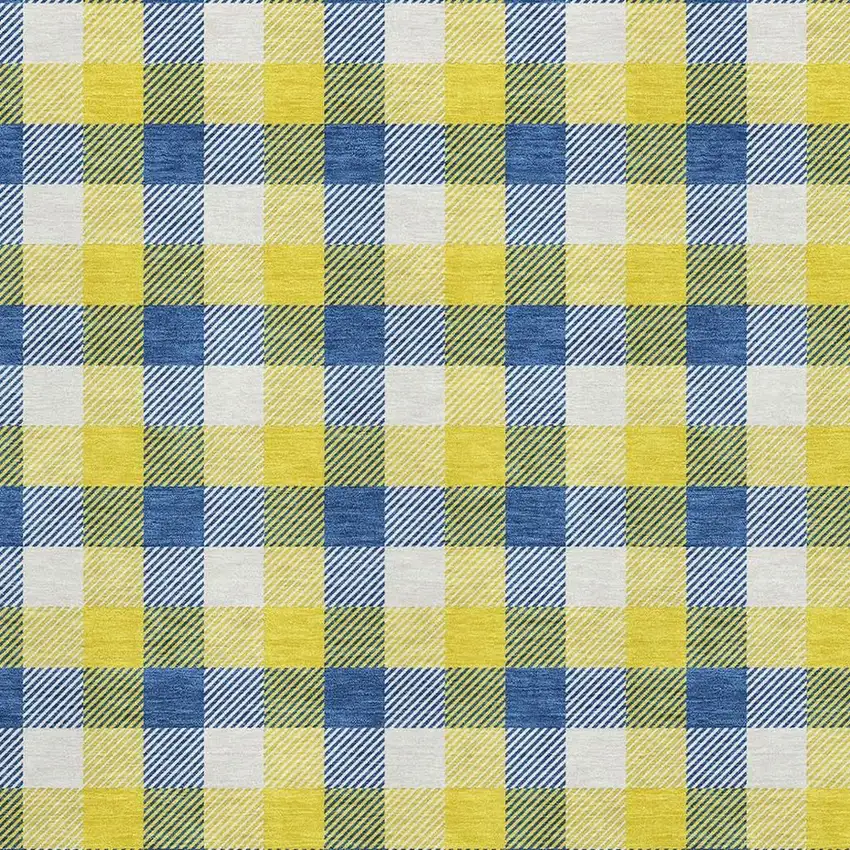 Yellow Navy Blue And Ivory Plaid Washable Area Rug With UV Protection Photo 2