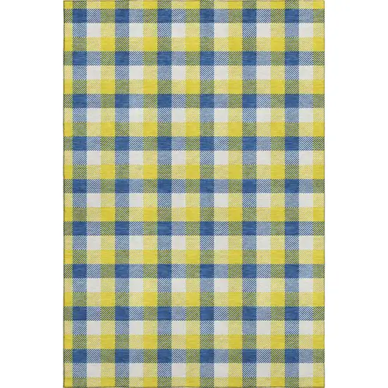 Yellow Navy Blue And Ivory Plaid Washable Area Rug With UV Protection Photo 1