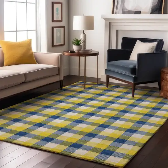 Yellow Navy Blue And Ivory Plaid Washable Area Rug With UV Protection Photo 4