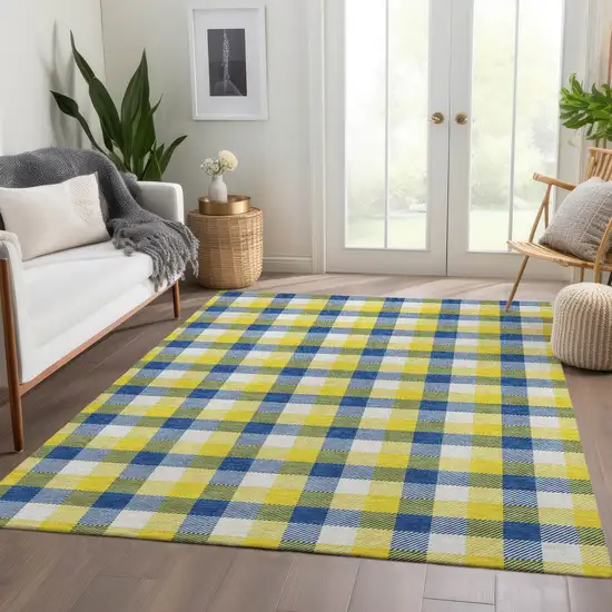 Yellow Navy Blue And Ivory Plaid Washable Area Rug With UV Protection Photo 5