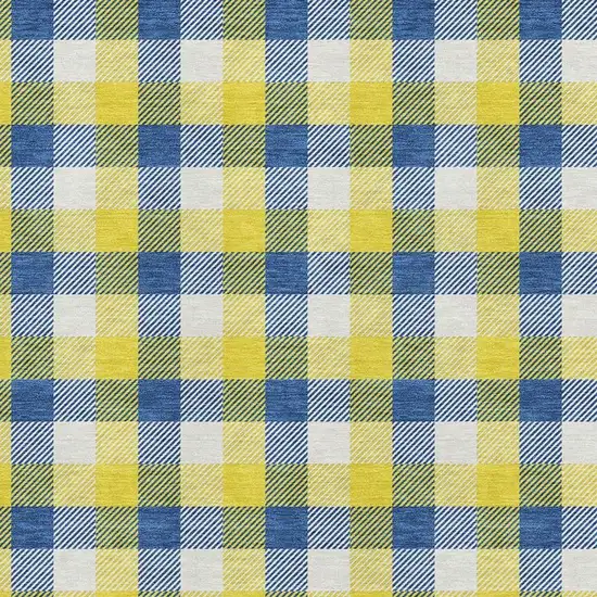 Yellow Navy Blue And Ivory Plaid Washable Area Rug With UV Protection Photo 2