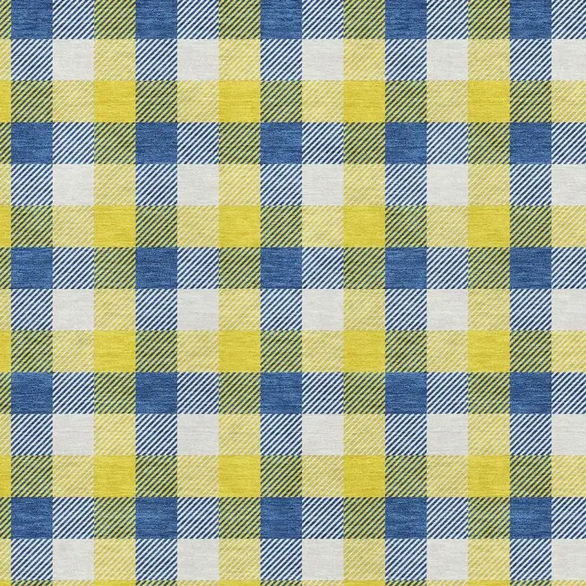 Yellow Navy Blue And Ivory Plaid Washable Area Rug With UV Protection Photo 2