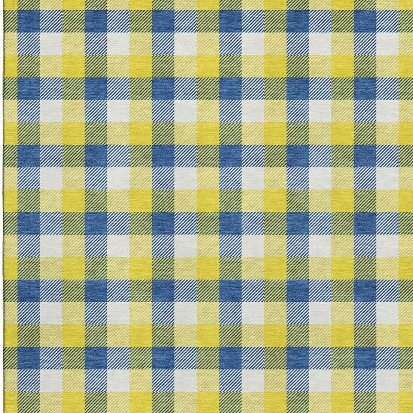 Yellow Navy Blue And Ivory Plaid Washable Area Rug With UV Protection Photo 3