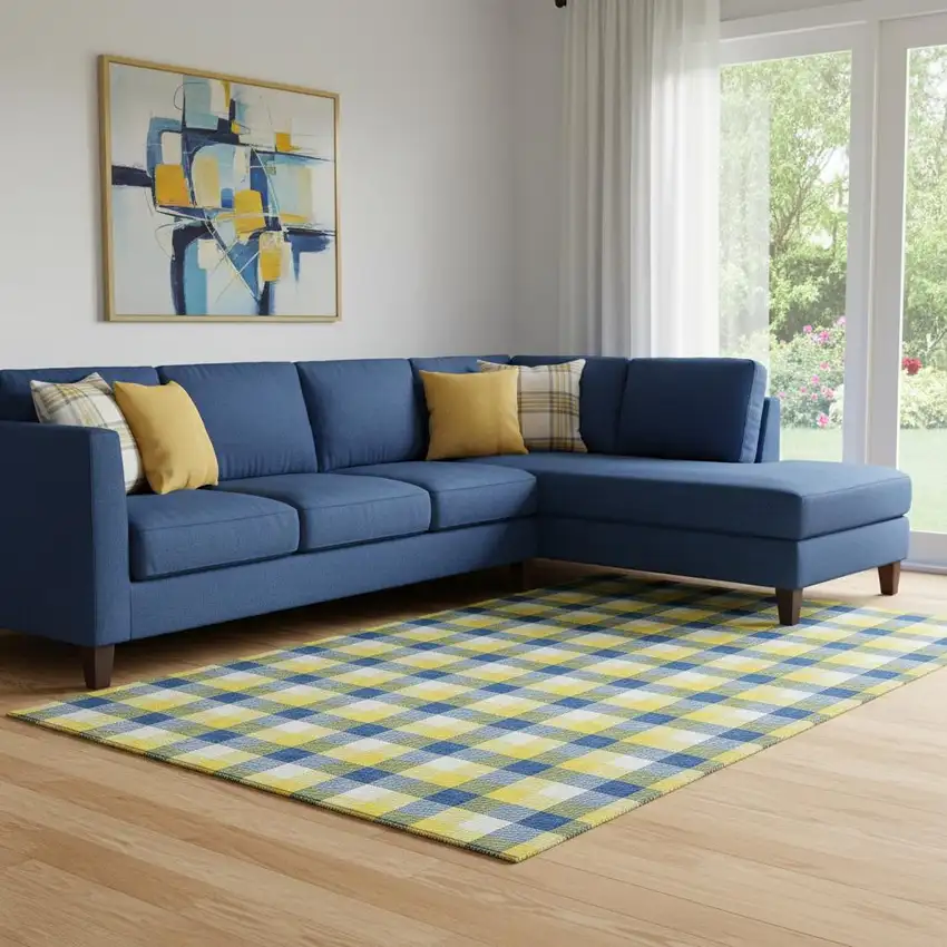Yellow Navy Blue And Ivory Plaid Washable Area Rug With UV Protection Photo 2