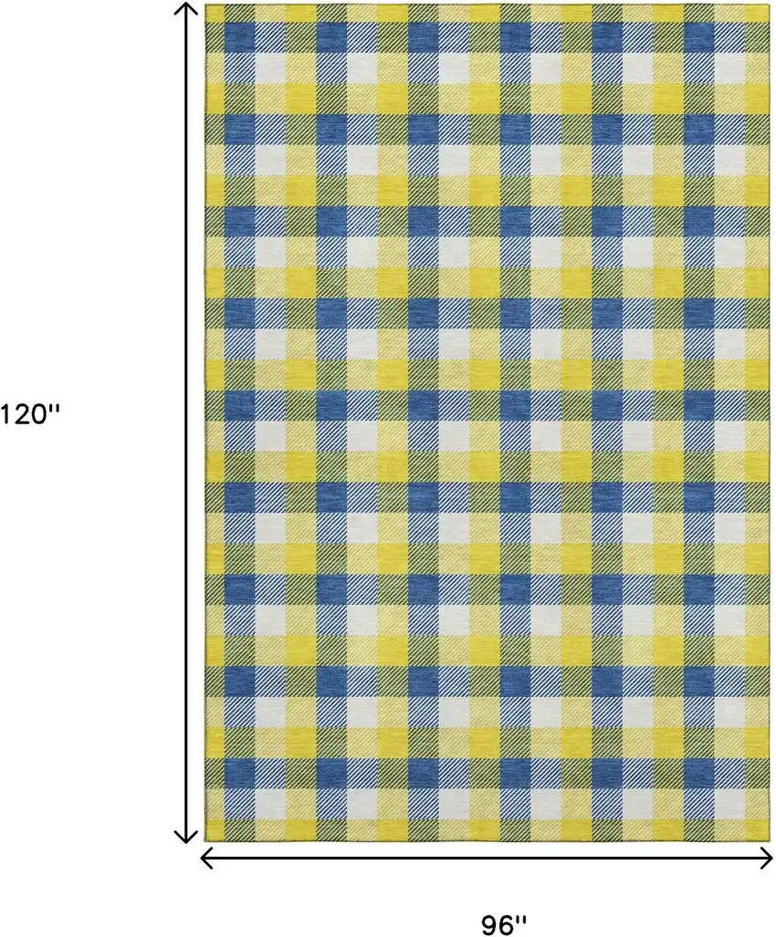 Yellow Navy Blue And Ivory Plaid Washable Area Rug With UV Protection Photo 8