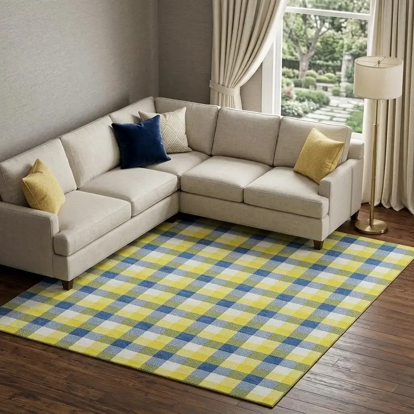 Yellow Navy Blue And Ivory Plaid Washable Area Rug With UV Protection Photo 1