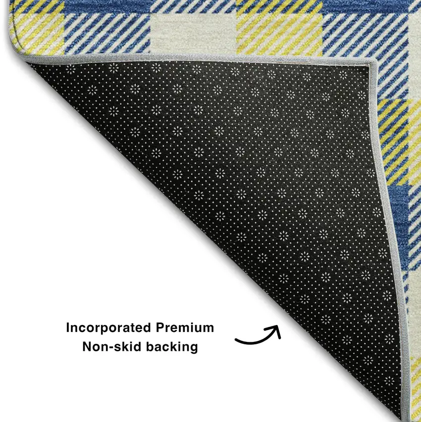 Yellow Navy Blue And Ivory Plaid Washable Area Rug With UV Protection Photo 6