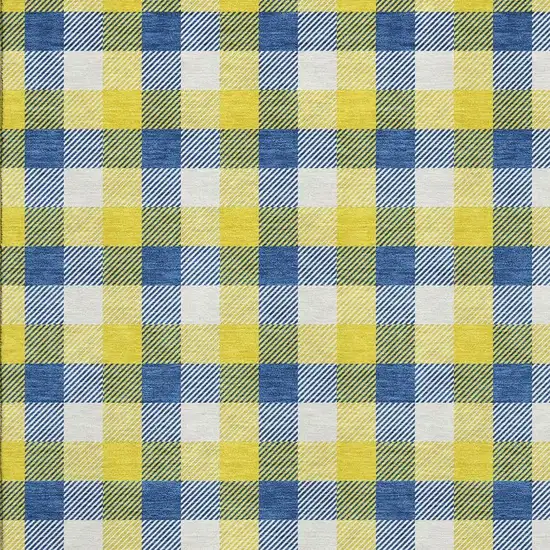 Yellow Navy Blue And Ivory Plaid Washable Area Rug With UV Protection Photo 2